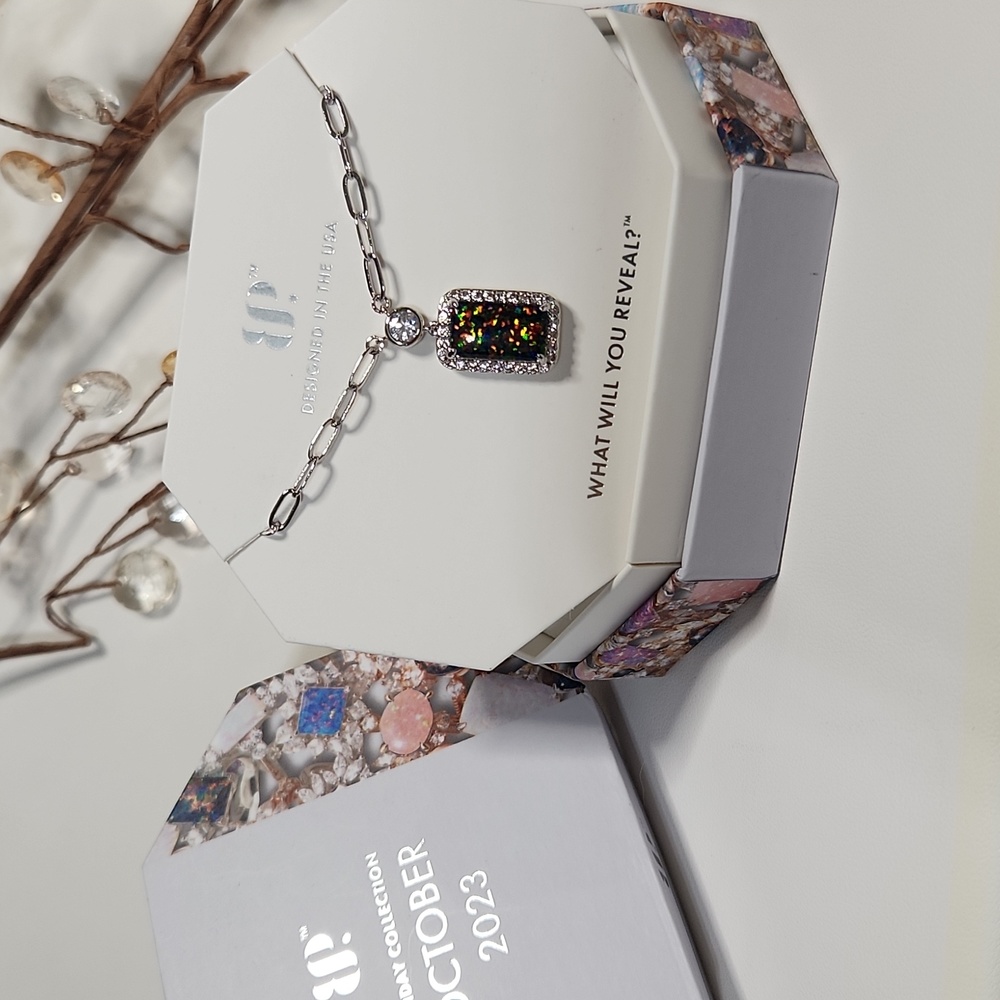 NWT Bomb Party October 'See Me Now' Black Fire Opal on Rhodium Necklace